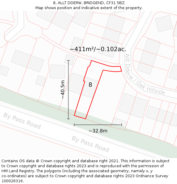 8, ALLT DDERW, BRIDGEND, CF31 5BZ: Plot and title map