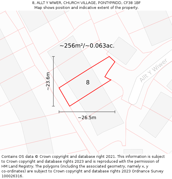 8, ALLT Y WIWER, CHURCH VILLAGE, PONTYPRIDD, CF38 1BF: Plot and title map