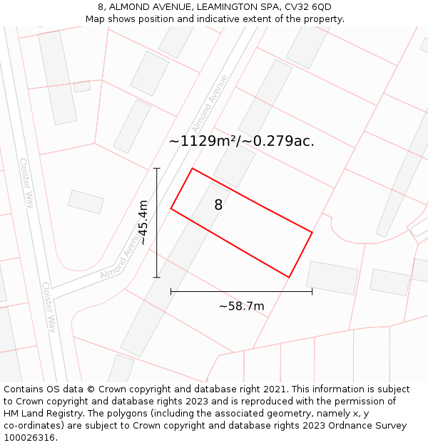 8, ALMOND AVENUE, LEAMINGTON SPA, CV32 6QD: Plot and title map