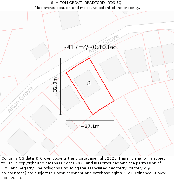 8, ALTON GROVE, BRADFORD, BD9 5QL: Plot and title map