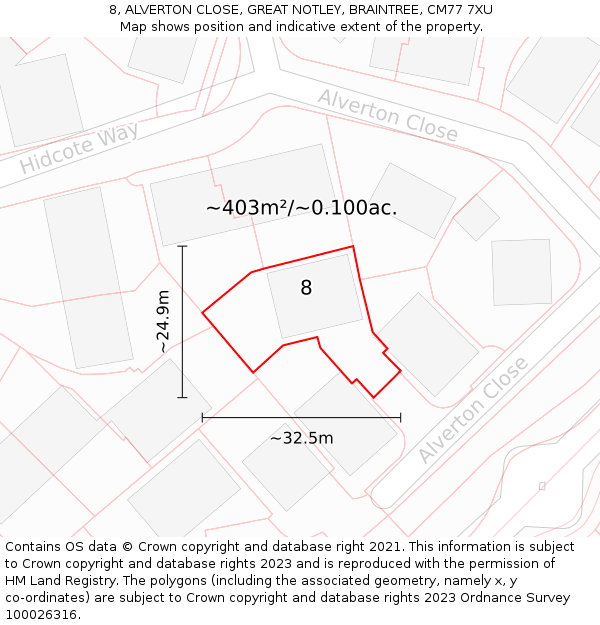 8, ALVERTON CLOSE, GREAT NOTLEY, BRAINTREE, CM77 7XU: Plot and title map