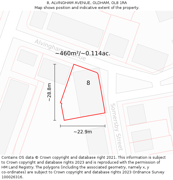 8, ALVINGHAM AVENUE, OLDHAM, OL8 1RA: Plot and title map