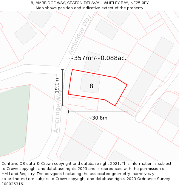 8, AMBRIDGE WAY, SEATON DELAVAL, WHITLEY BAY, NE25 0PY: Plot and title map