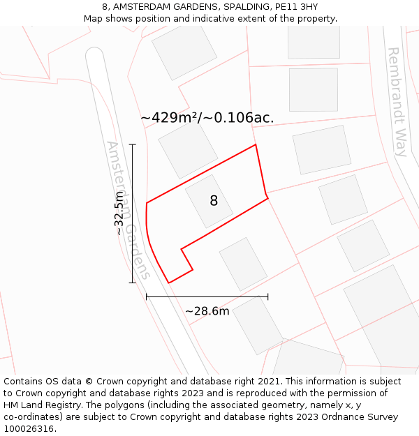 8, AMSTERDAM GARDENS, SPALDING, PE11 3HY: Plot and title map