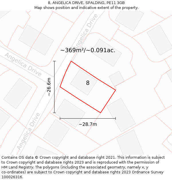 8, ANGELICA DRIVE, SPALDING, PE11 3GB: Plot and title map