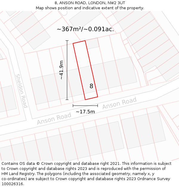 8, ANSON ROAD, LONDON, NW2 3UT: Plot and title map