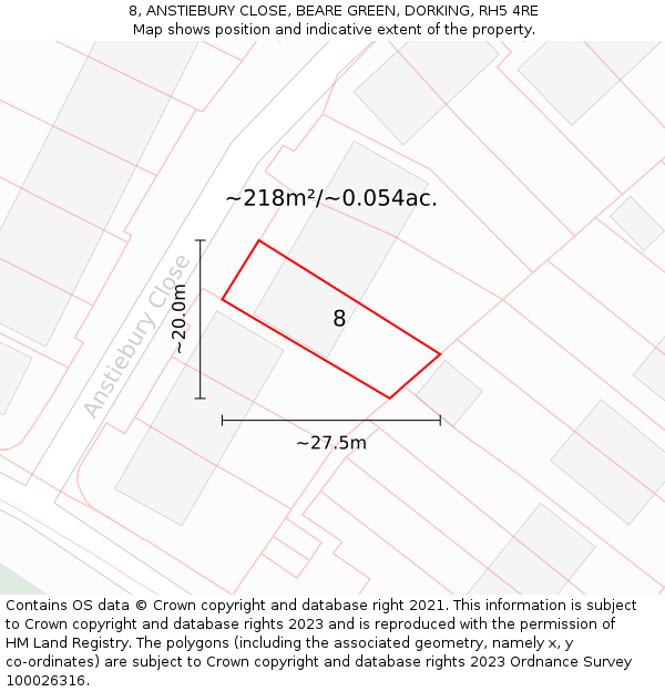 8, ANSTIEBURY CLOSE, BEARE GREEN, DORKING, RH5 4RE: Plot and title map