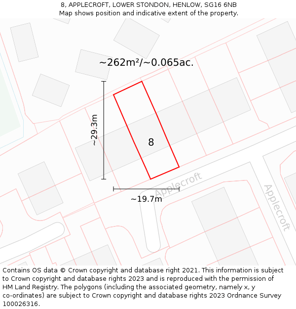 8, APPLECROFT, LOWER STONDON, HENLOW, SG16 6NB: Plot and title map