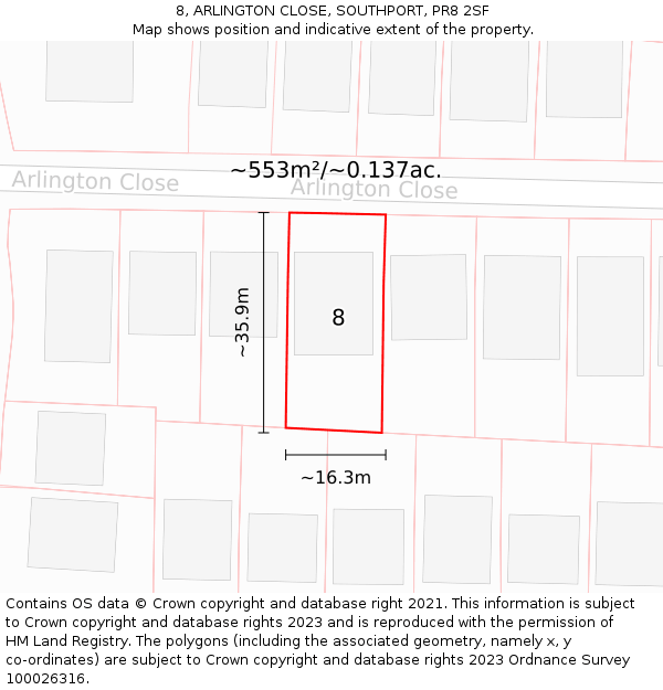 8, ARLINGTON CLOSE, SOUTHPORT, PR8 2SF: Plot and title map