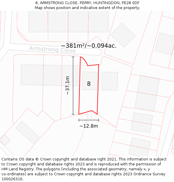 8, ARMSTRONG CLOSE, PERRY, HUNTINGDON, PE28 0DF: Plot and title map