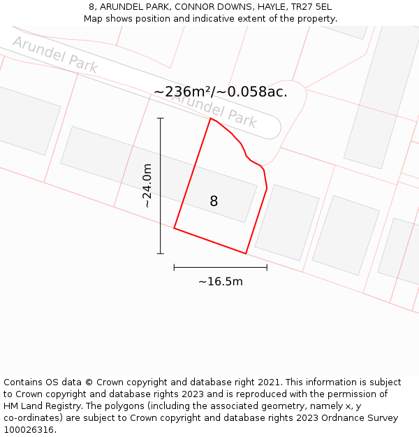 8, ARUNDEL PARK, CONNOR DOWNS, HAYLE, TR27 5EL: Plot and title map