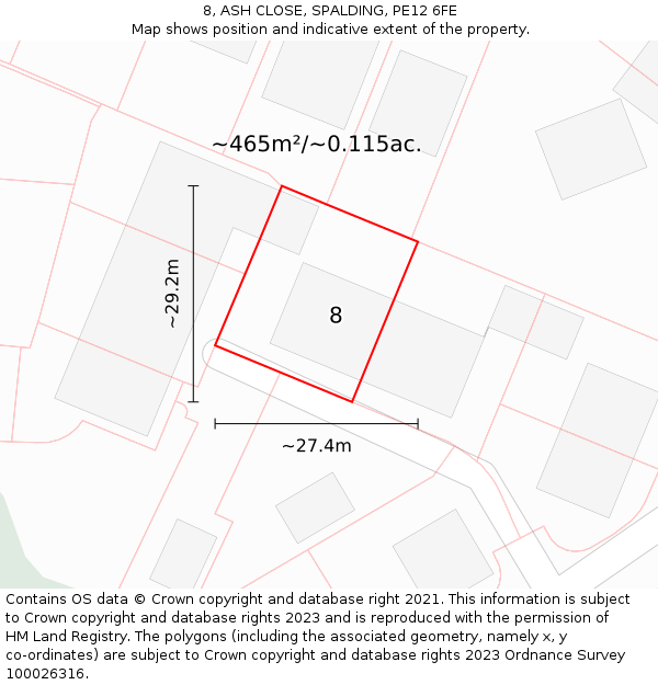 8, ASH CLOSE, SPALDING, PE12 6FE: Plot and title map