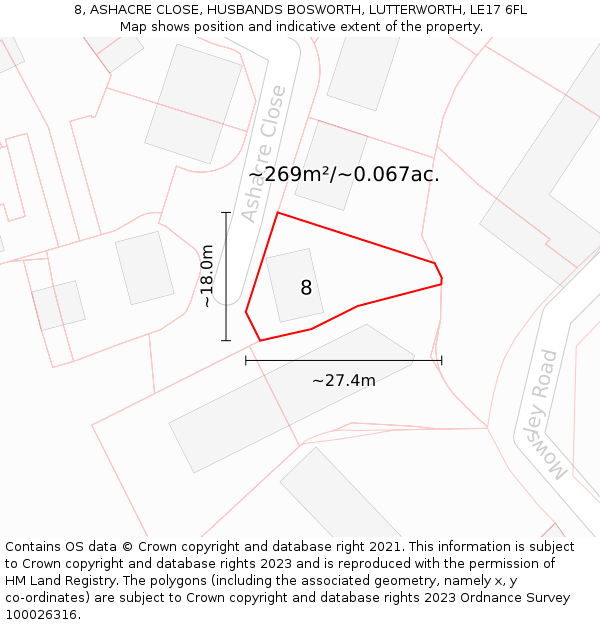 8, ASHACRE CLOSE, HUSBANDS BOSWORTH, LUTTERWORTH, LE17 6FL: Plot and title map