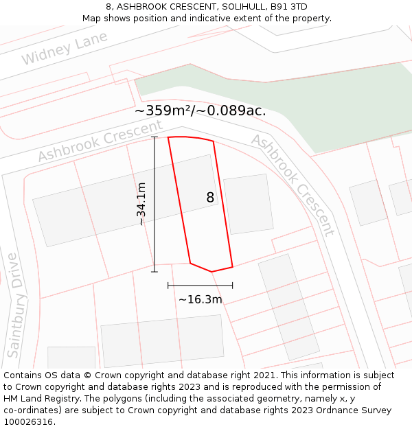 8, ASHBROOK CRESCENT, SOLIHULL, B91 3TD: Plot and title map