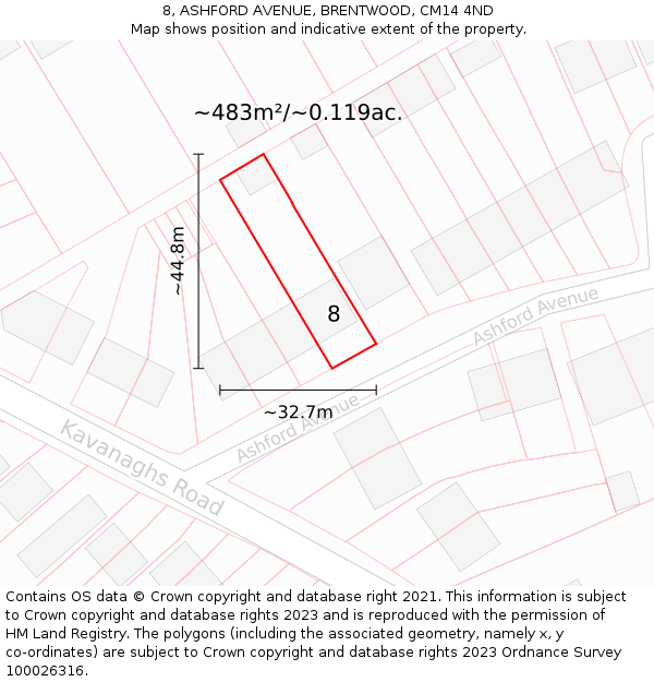 8, ASHFORD AVENUE, BRENTWOOD, CM14 4ND: Plot and title map