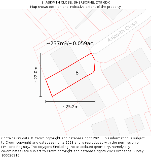 8, ASKWITH CLOSE, SHERBORNE, DT9 6DX: Plot and title map