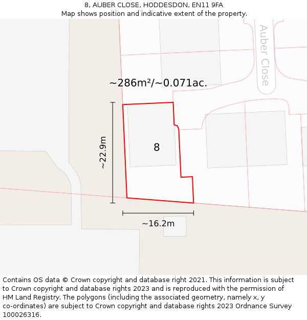 8, AUBER CLOSE, HODDESDON, EN11 9FA: Plot and title map