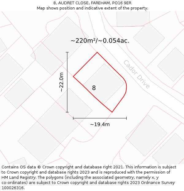 8, AUDRET CLOSE, FAREHAM, PO16 9ER: Plot and title map