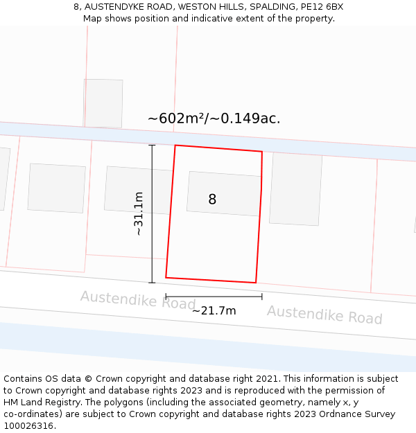 8, AUSTENDYKE ROAD, WESTON HILLS, SPALDING, PE12 6BX: Plot and title map