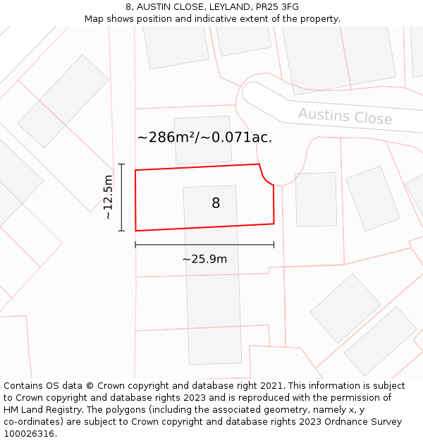 8, AUSTIN CLOSE, LEYLAND, PR25 3FG: Plot and title map
