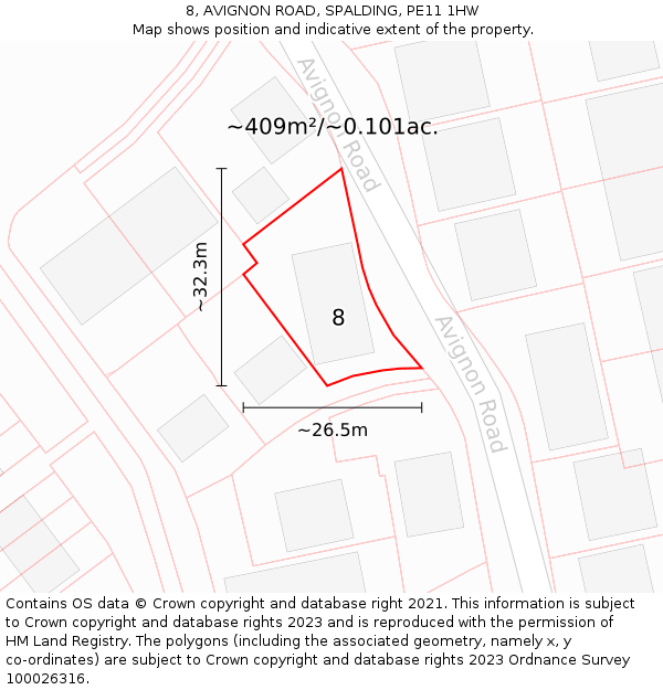 8, AVIGNON ROAD, SPALDING, PE11 1HW: Plot and title map