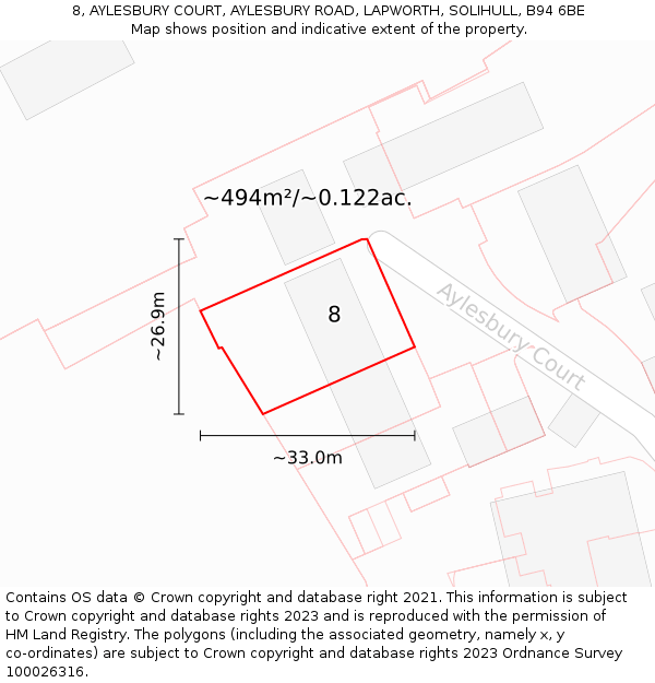 8, AYLESBURY COURT, AYLESBURY ROAD, LAPWORTH, SOLIHULL, B94 6BE: Plot and title map