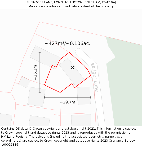 8, BADGER LANE, LONG ITCHINGTON, SOUTHAM, CV47 9AJ: Plot and title map