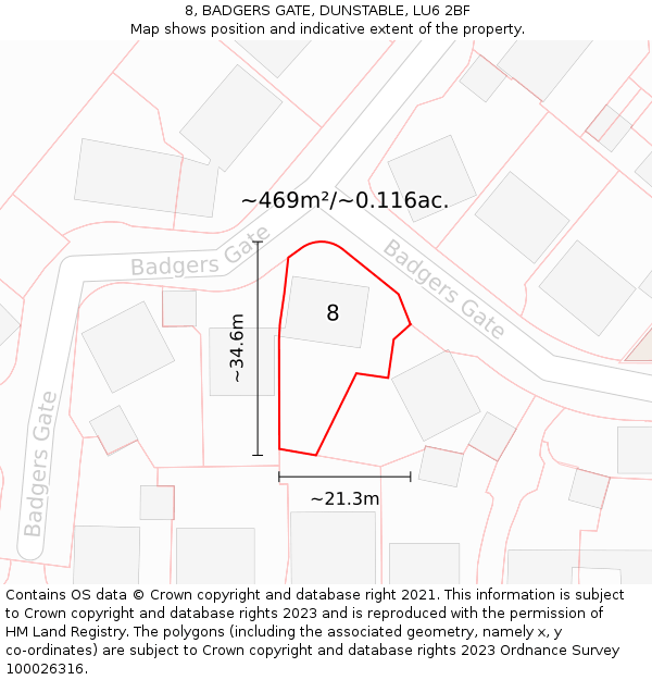 8, BADGERS GATE, DUNSTABLE, LU6 2BF: Plot and title map