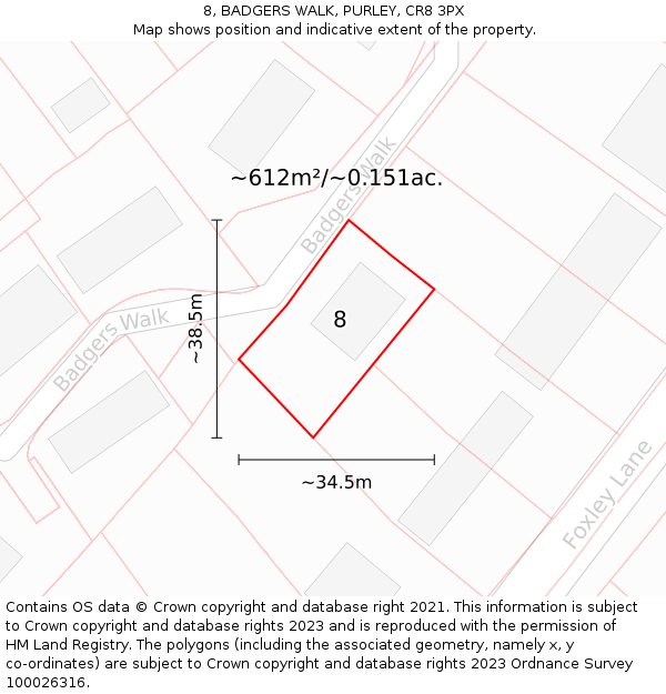 8, BADGERS WALK, PURLEY, CR8 3PX: Plot and title map