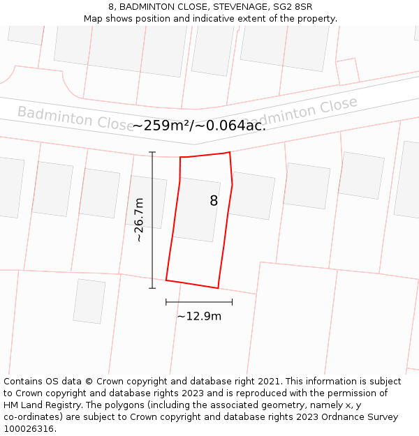 8, BADMINTON CLOSE, STEVENAGE, SG2 8SR: Plot and title map