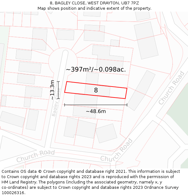 8, BAGLEY CLOSE, WEST DRAYTON, UB7 7PZ: Plot and title map