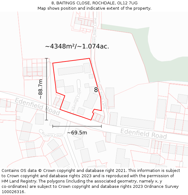 8, BAITINGS CLOSE, ROCHDALE, OL12 7UG: Plot and title map