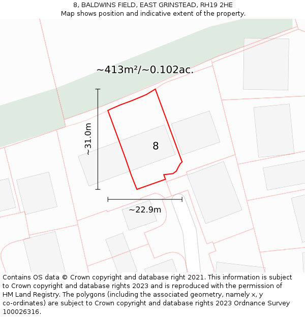 8, BALDWINS FIELD, EAST GRINSTEAD, RH19 2HE: Plot and title map