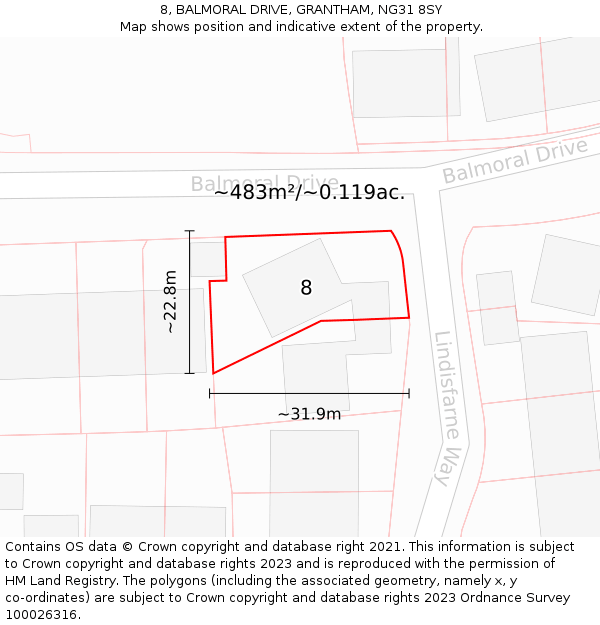 8, BALMORAL DRIVE, GRANTHAM, NG31 8SY: Plot and title map