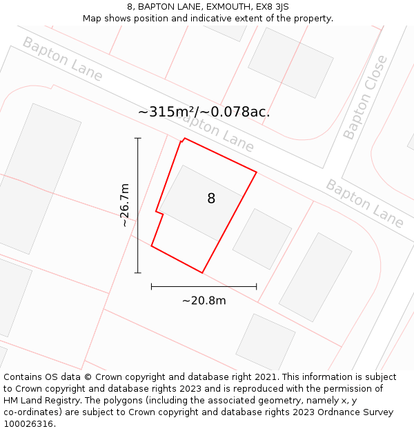 8, BAPTON LANE, EXMOUTH, EX8 3JS: Plot and title map