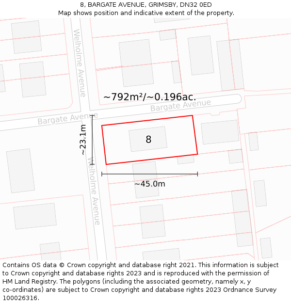 8, BARGATE AVENUE, GRIMSBY, DN32 0ED: Plot and title map