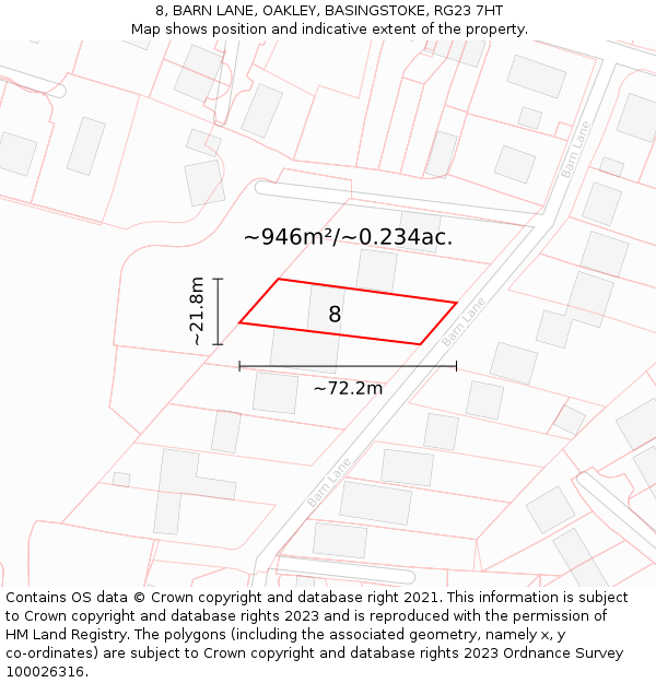8, BARN LANE, OAKLEY, BASINGSTOKE, RG23 7HT: Plot and title map