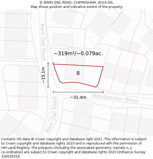 8, BARN OWL ROAD, CHIPPENHAM, SN14 6XL: Plot and title map