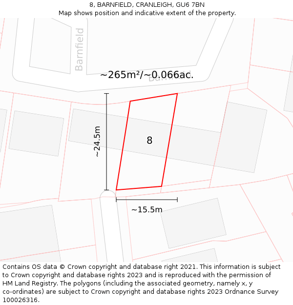 8, BARNFIELD, CRANLEIGH, GU6 7BN: Plot and title map