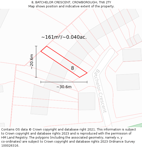 8, BATCHELOR CRESCENT, CROWBOROUGH, TN6 2TY: Plot and title map