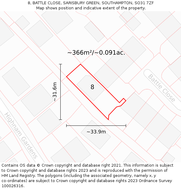 8, BATTLE CLOSE, SARISBURY GREEN, SOUTHAMPTON, SO31 7ZF: Plot and title map