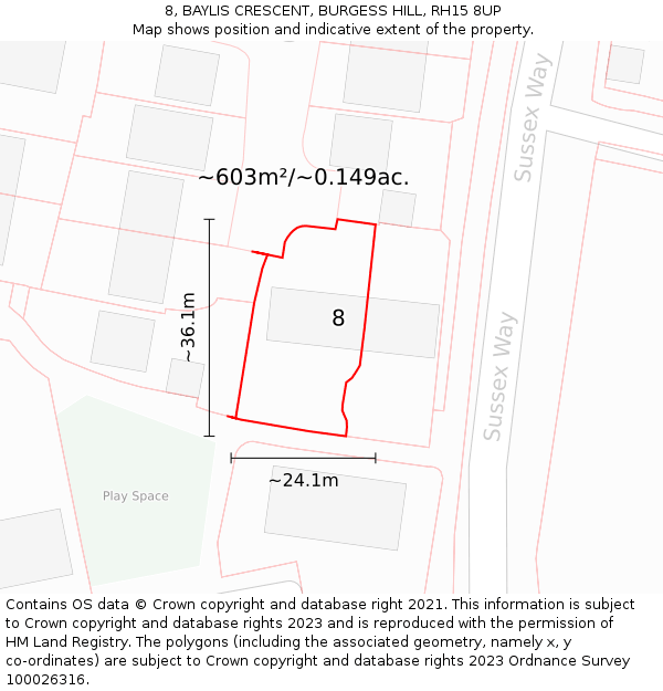 8, BAYLIS CRESCENT, BURGESS HILL, RH15 8UP: Plot and title map