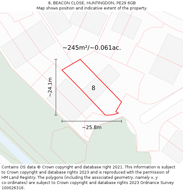 8, BEACON CLOSE, HUNTINGDON, PE29 6GB: Plot and title map