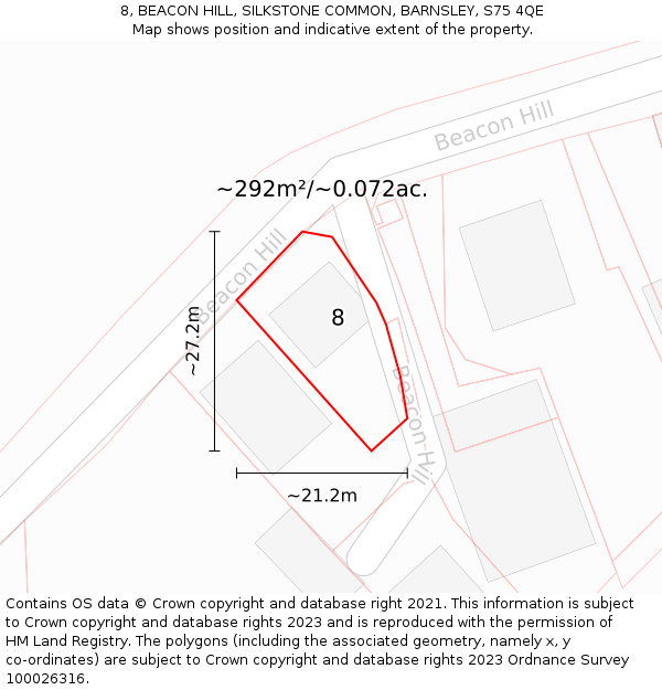 8, BEACON HILL, SILKSTONE COMMON, BARNSLEY, S75 4QE: Plot and title map