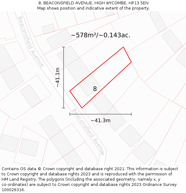 8, BEACONSFIELD AVENUE, HIGH WYCOMBE, HP13 5EN: Plot and title map