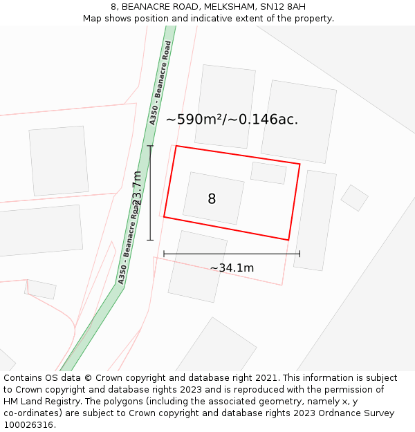 8, BEANACRE ROAD, MELKSHAM, SN12 8AH: Plot and title map