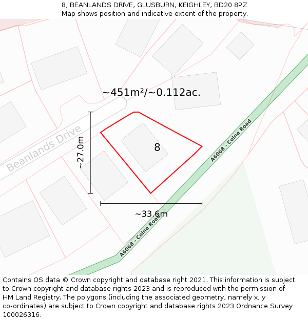 8, BEANLANDS DRIVE, GLUSBURN, KEIGHLEY, BD20 8PZ: Plot and title map