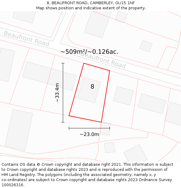 8, BEAUFRONT ROAD, CAMBERLEY, GU15 1NF: Plot and title map