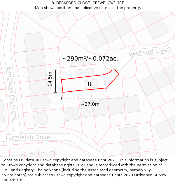 8, BECKFORD CLOSE, CREWE, CW1 3PT: Plot and title map