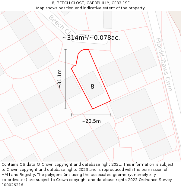 8, BEECH CLOSE, CAERPHILLY, CF83 1SF: Plot and title map